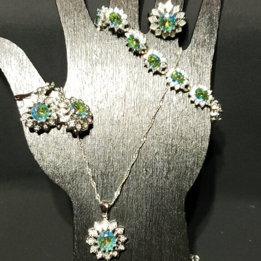 925 Rainbow Topaz Necklace, Earrings, Bracelet & Ring sz7